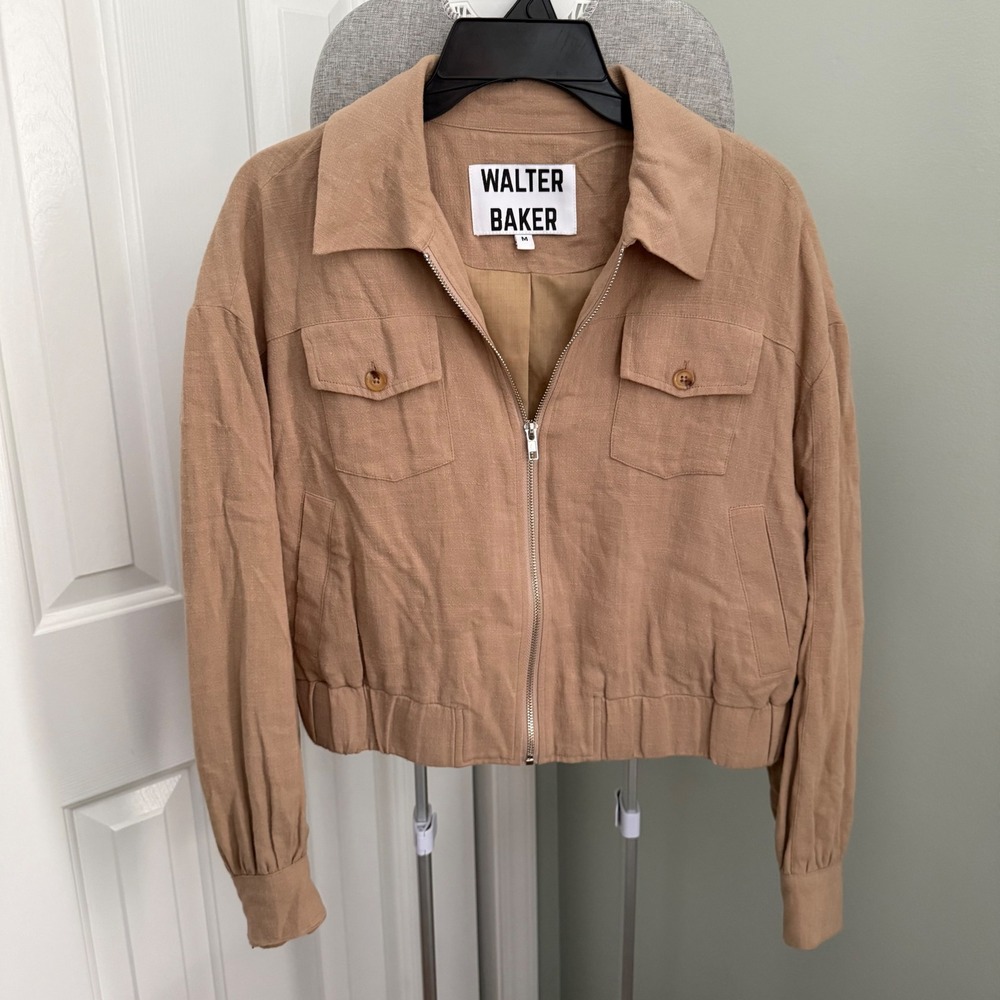 Walter Baker Charlize Jacket L Straw Linen Blend Cropped Utility Bomber Zip